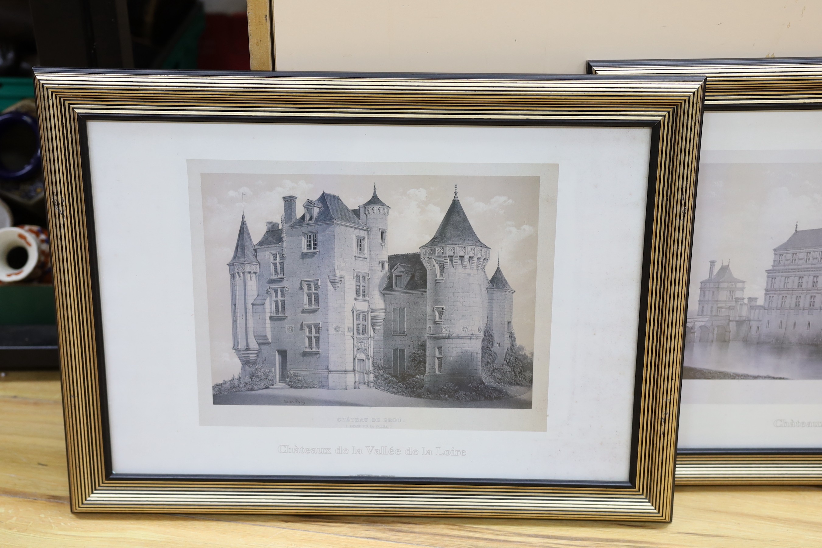 A set of four modern reprints of French chateau, 34 x 49cm